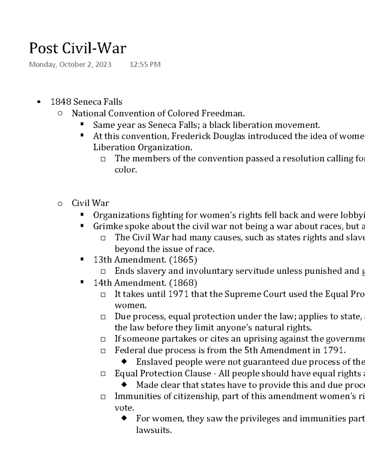 Post CivilWar Women's rights after the American Civil War. 1848