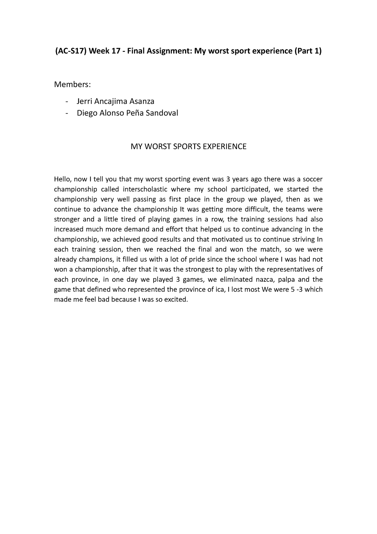 final assignment my worst sport experience (part 1)