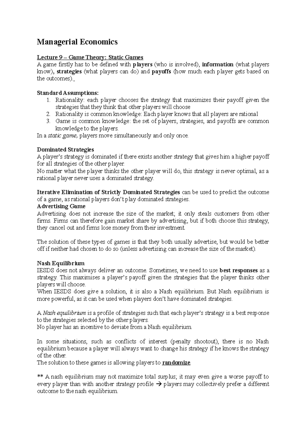 Managerial Economics Lecture 9 Managerial Economics Lecture 9