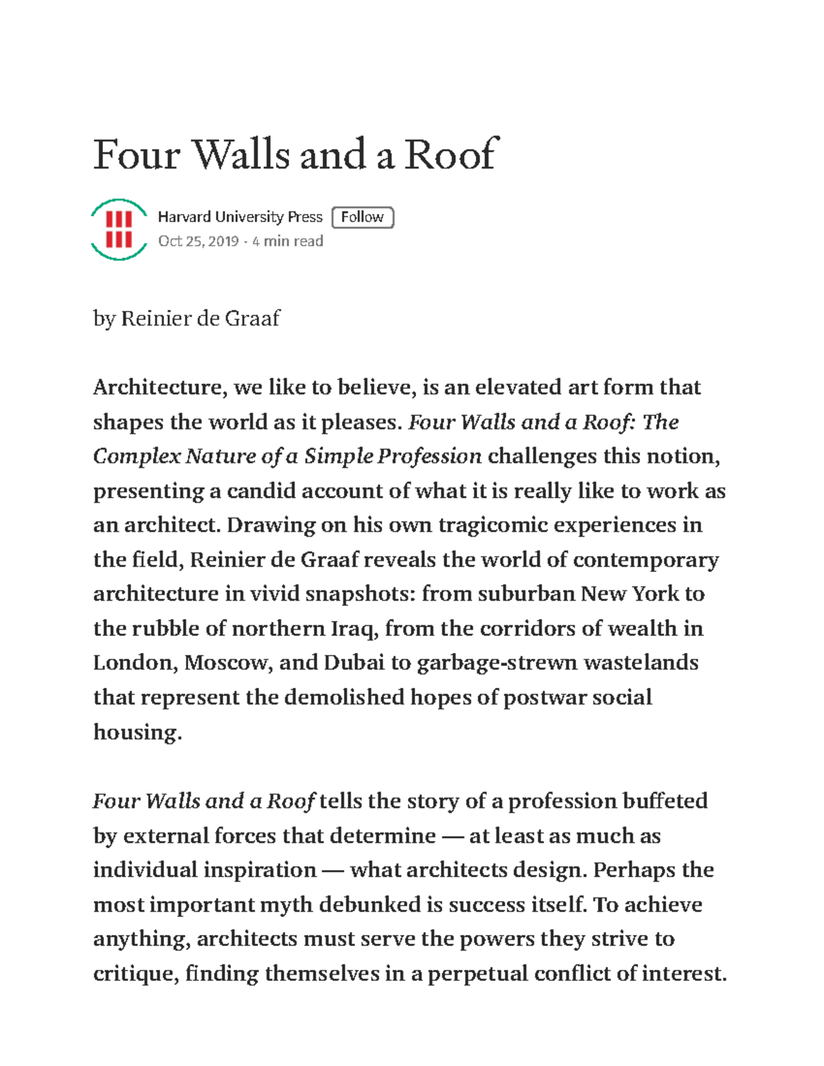 Four Walls and a Roof. by Reinier de Graaf by Harvard University Press Medium Four Walls and a