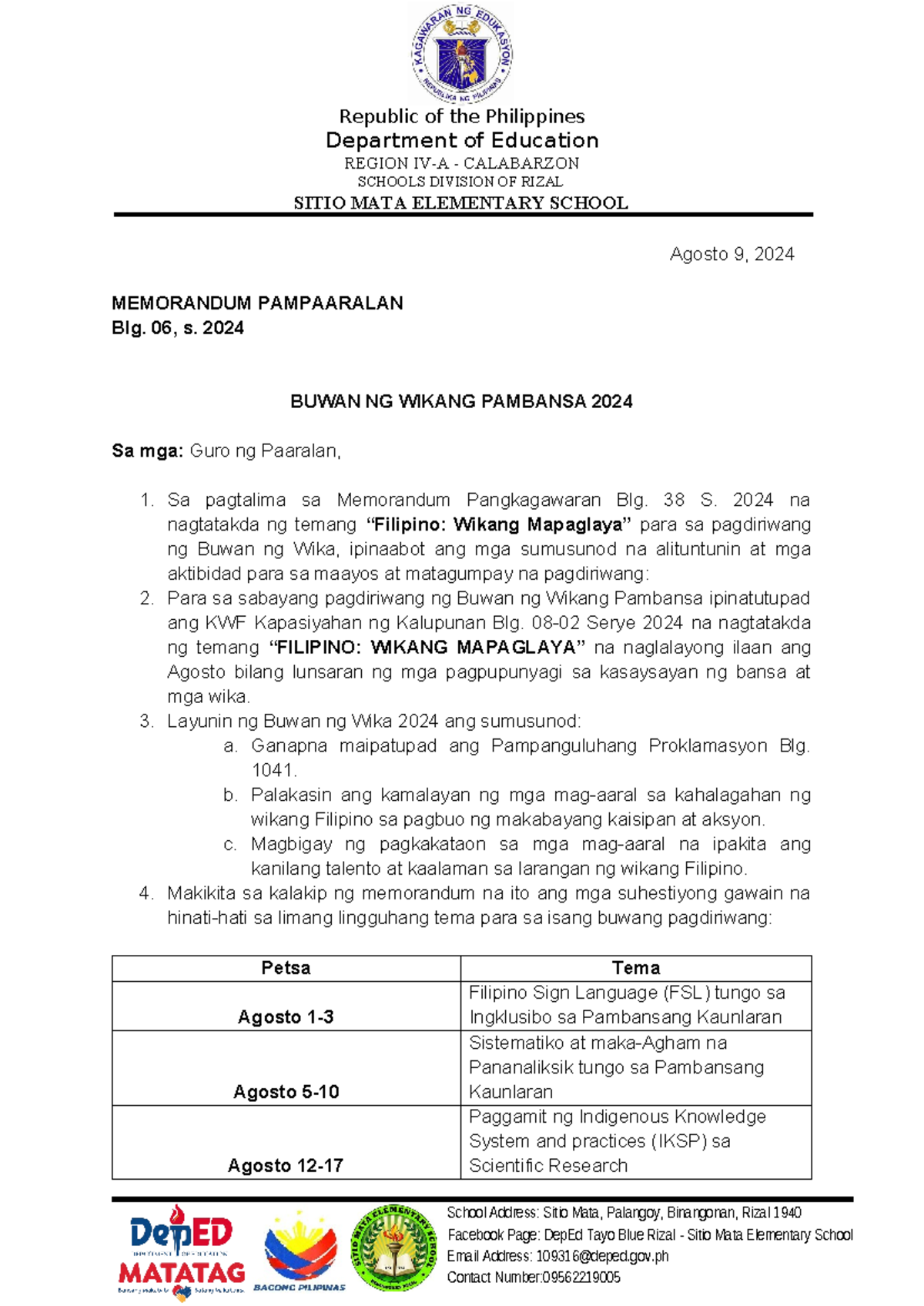 SchoolMemo Buwan ng Wika 2024 School Address Sitio Mata, Palangoy