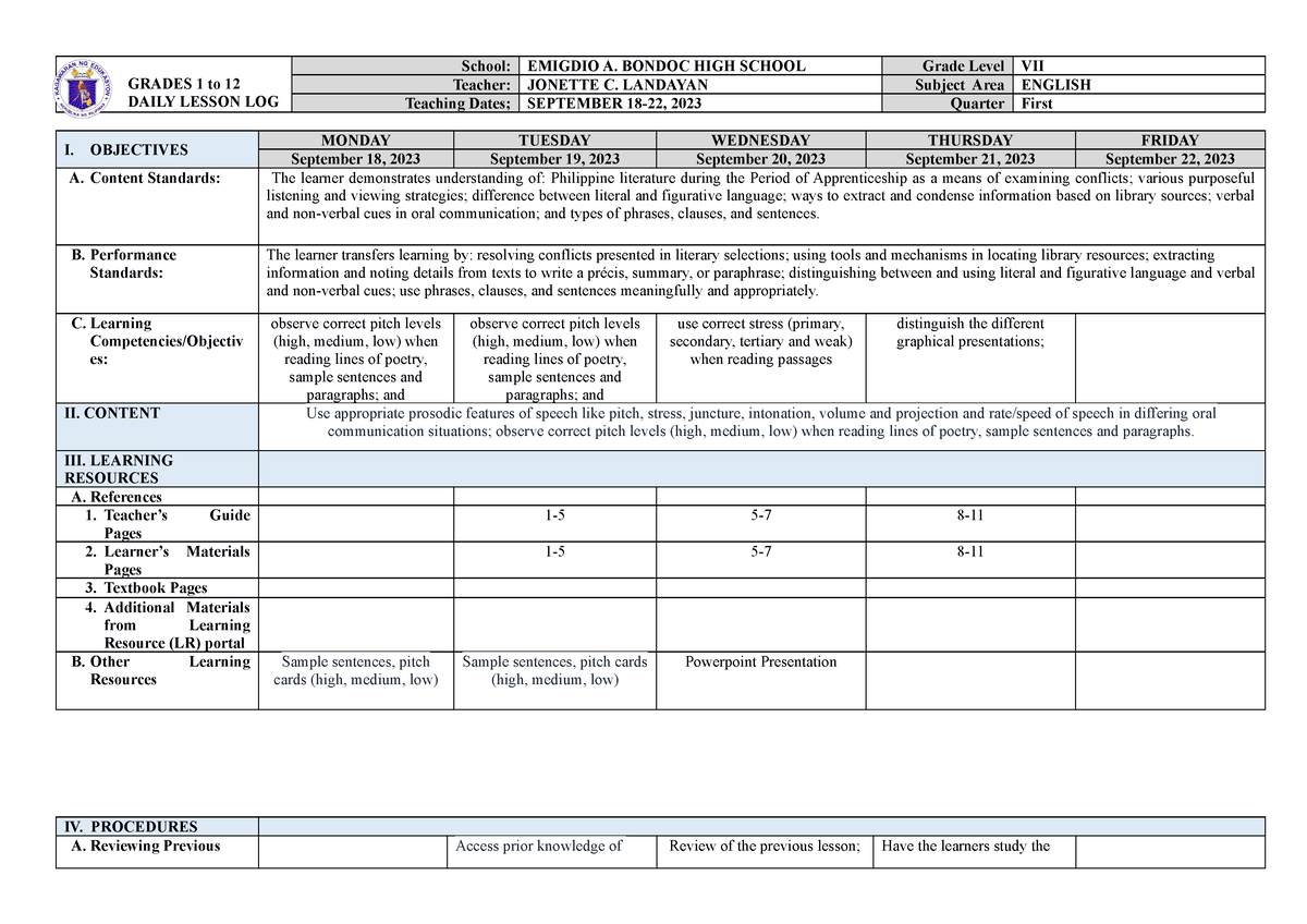 Week 4 - Daily Lesson Logs - GRADES 1 To 12 DAILY LESSON LOG School ...