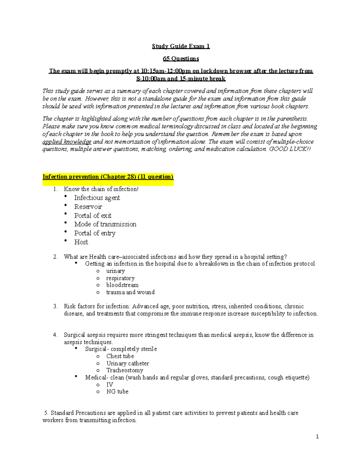 Fundamentals of nursing study guide - Study Guide Exam 1 65 Questions ...
