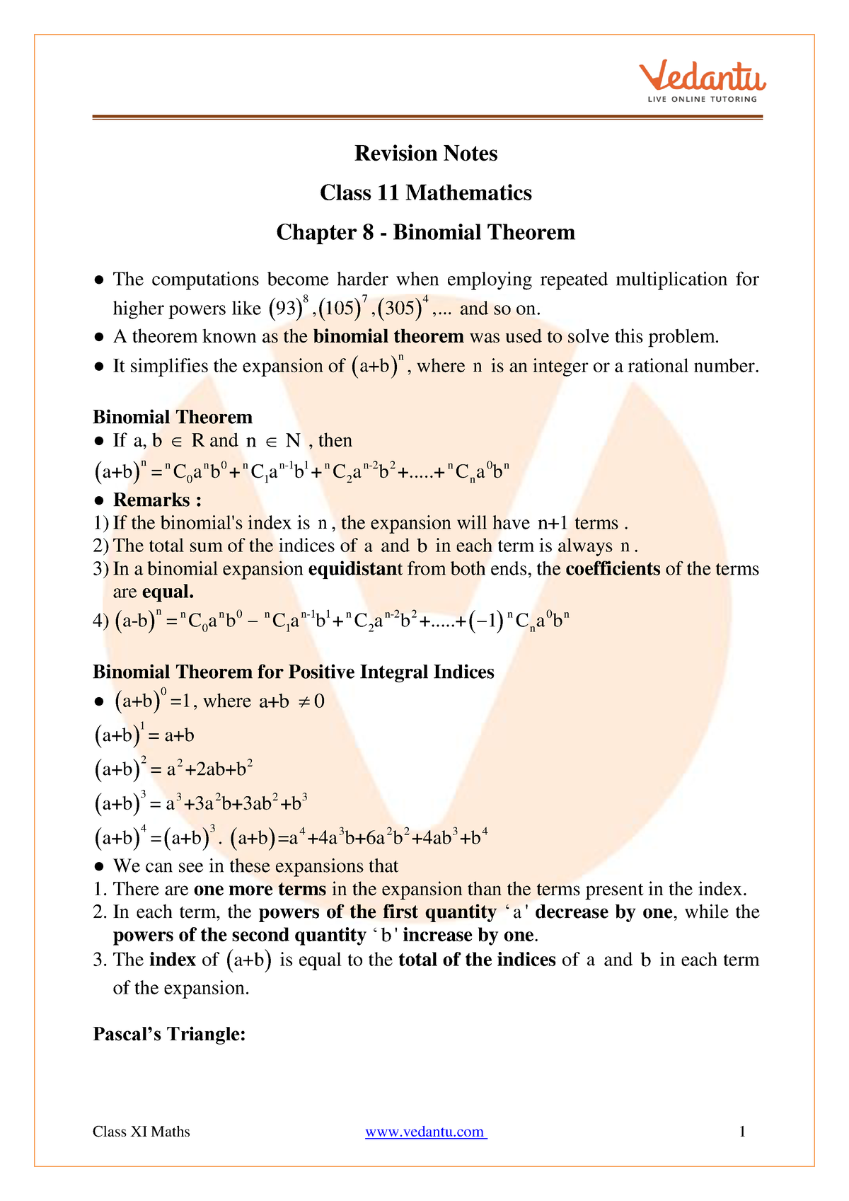 Class 11 Maths Revision Notes Binomial Theorem - Revision Notes Class ...