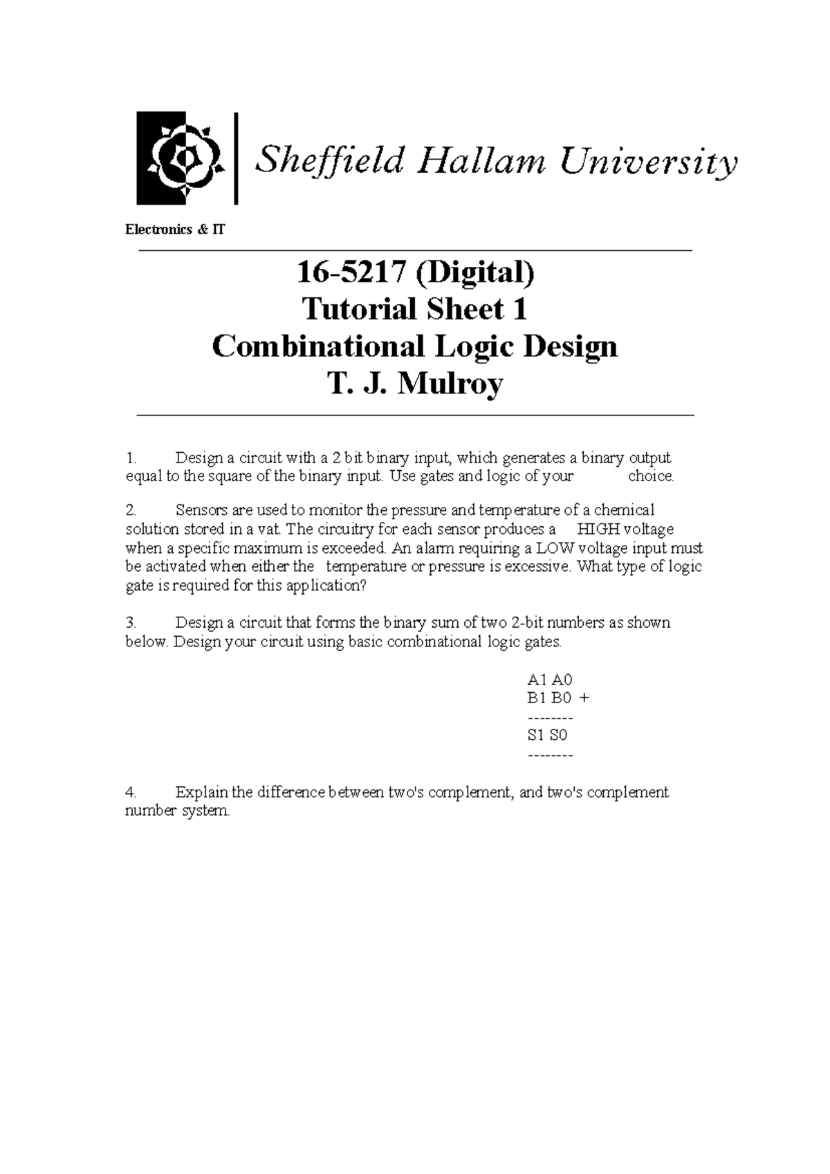 Tutorial Sheet 1 - Electronics &amp; IT 16-5217 (Digital) Tutorial ...