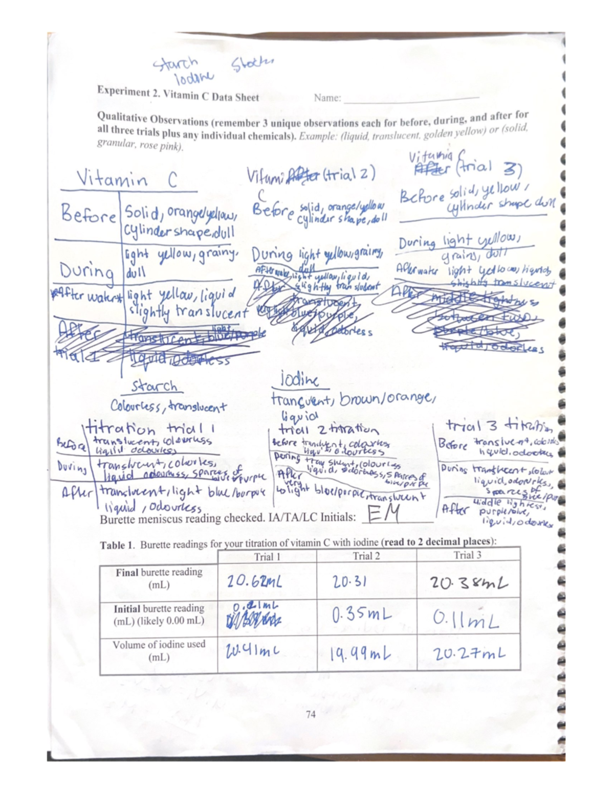 Experiment 2. Vitamin C Data Sheet 2 - starch Storth Iodine Experiment ...