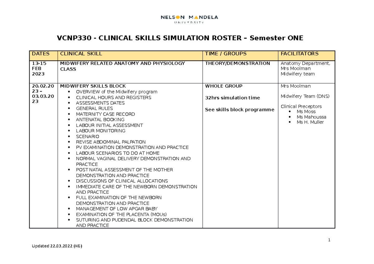 2023 VCNP330 Clinical Skills Roster - Semester ONE - VCNP330 - CLINICAL ...