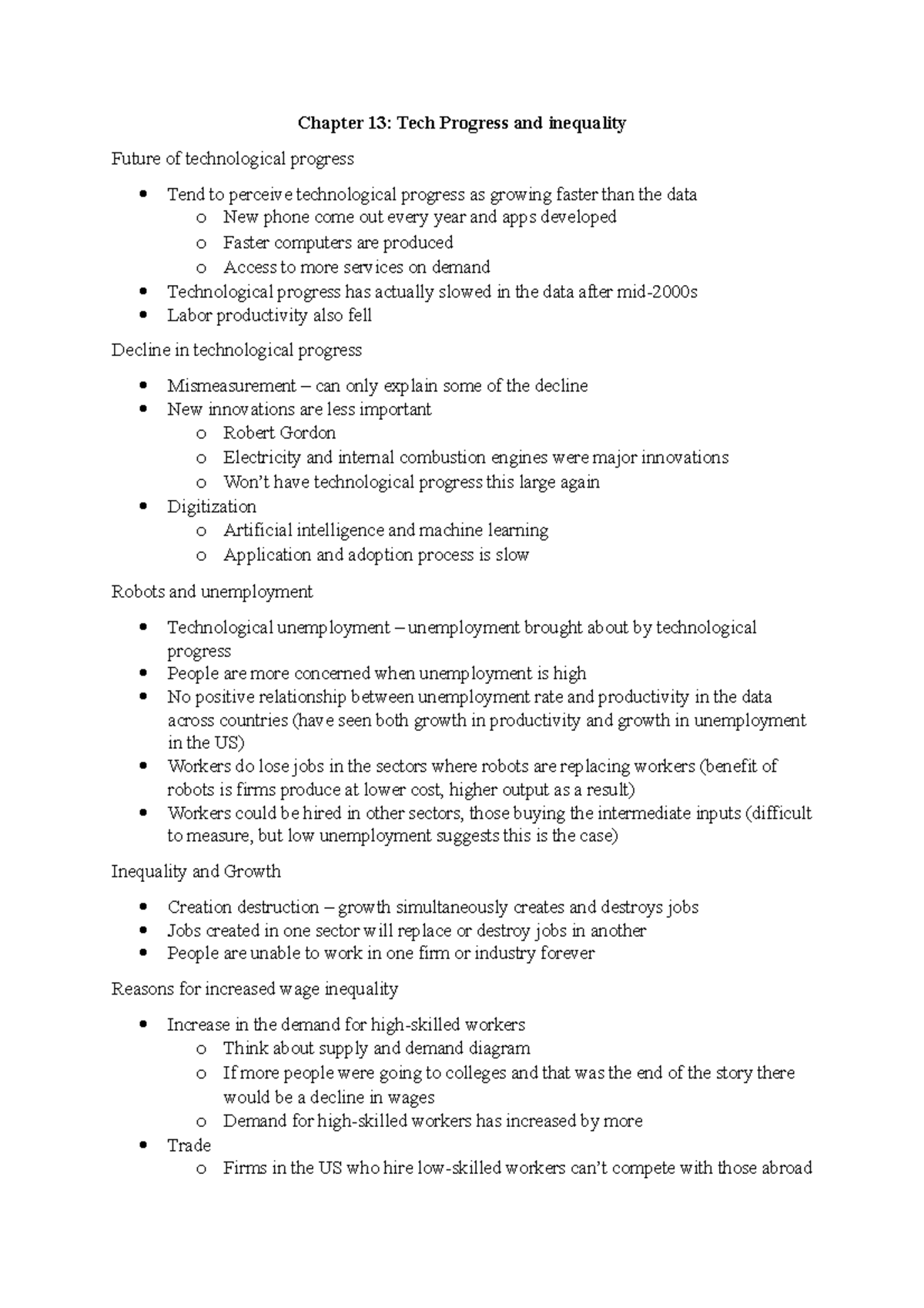 Chapter 13 notes - Chapter 13: Tech Progress and inequality Future of ...
