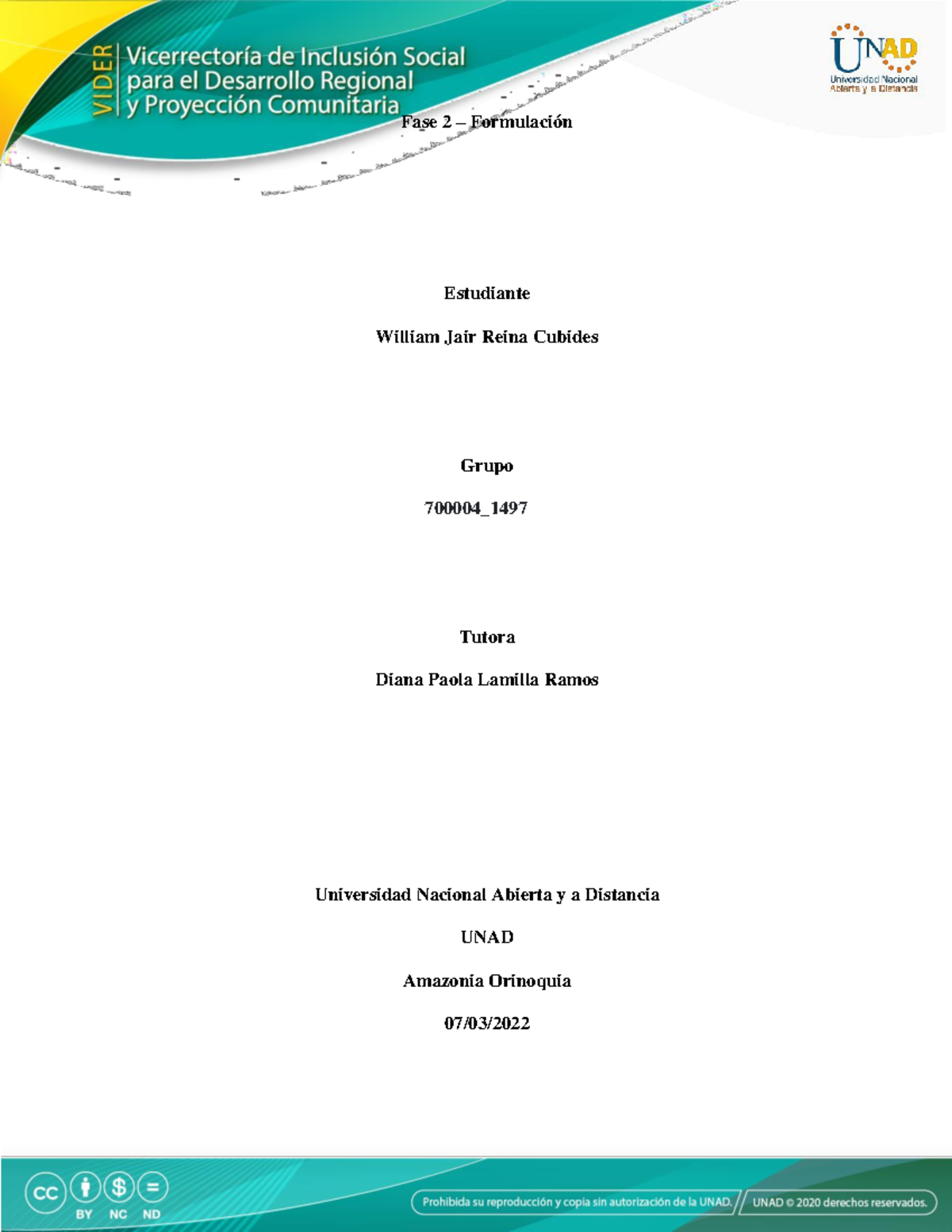 Plantilla fase 2 Julie gomez - Fase 2 – Formulación Estudiante William ...