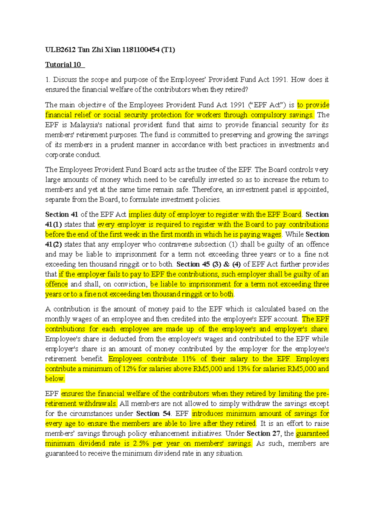Labour Law Tutorial 10 EPF - ULB2612 Tan Zhi Xian 1181100454 (T1 ...