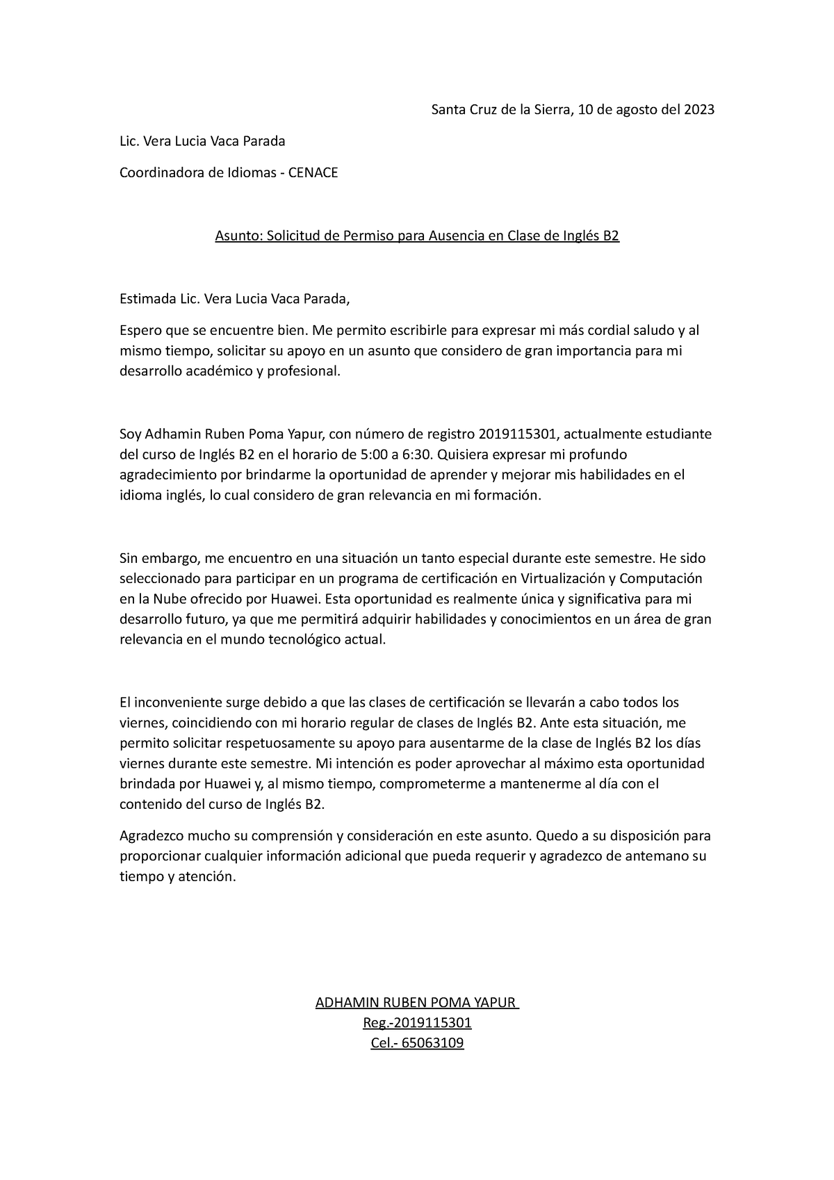 Cartas para imprimir - Documentos - Santa Cruz de la Sierra, 10 de ...