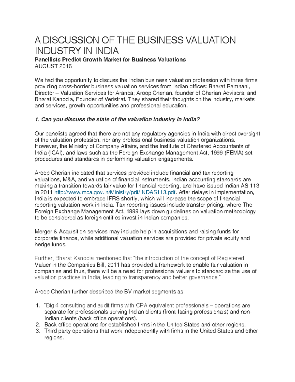 A Discussion OF THE Business Valuation Industry IN India A DISCUSSION