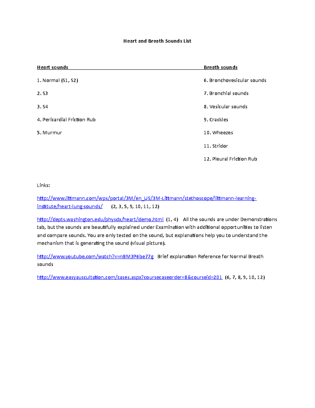 Heart and Breath Sounds and Resources Summer 2013 Heart and Breath