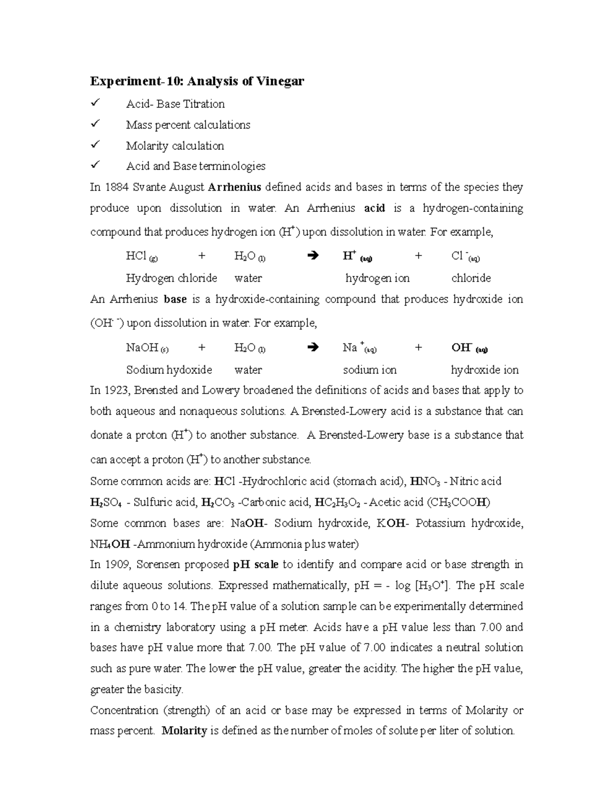 10AnalysisofVinegar Experiment10 Analysis of Vinegar Acid Base