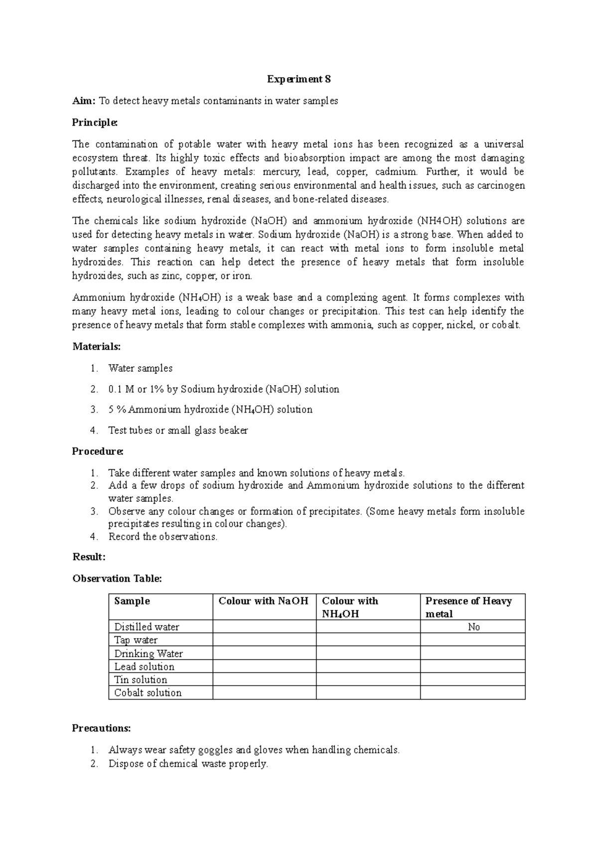 Experiment 8- Heavy Metal Testing - Experiment 8 Aim: To detect heavy ...