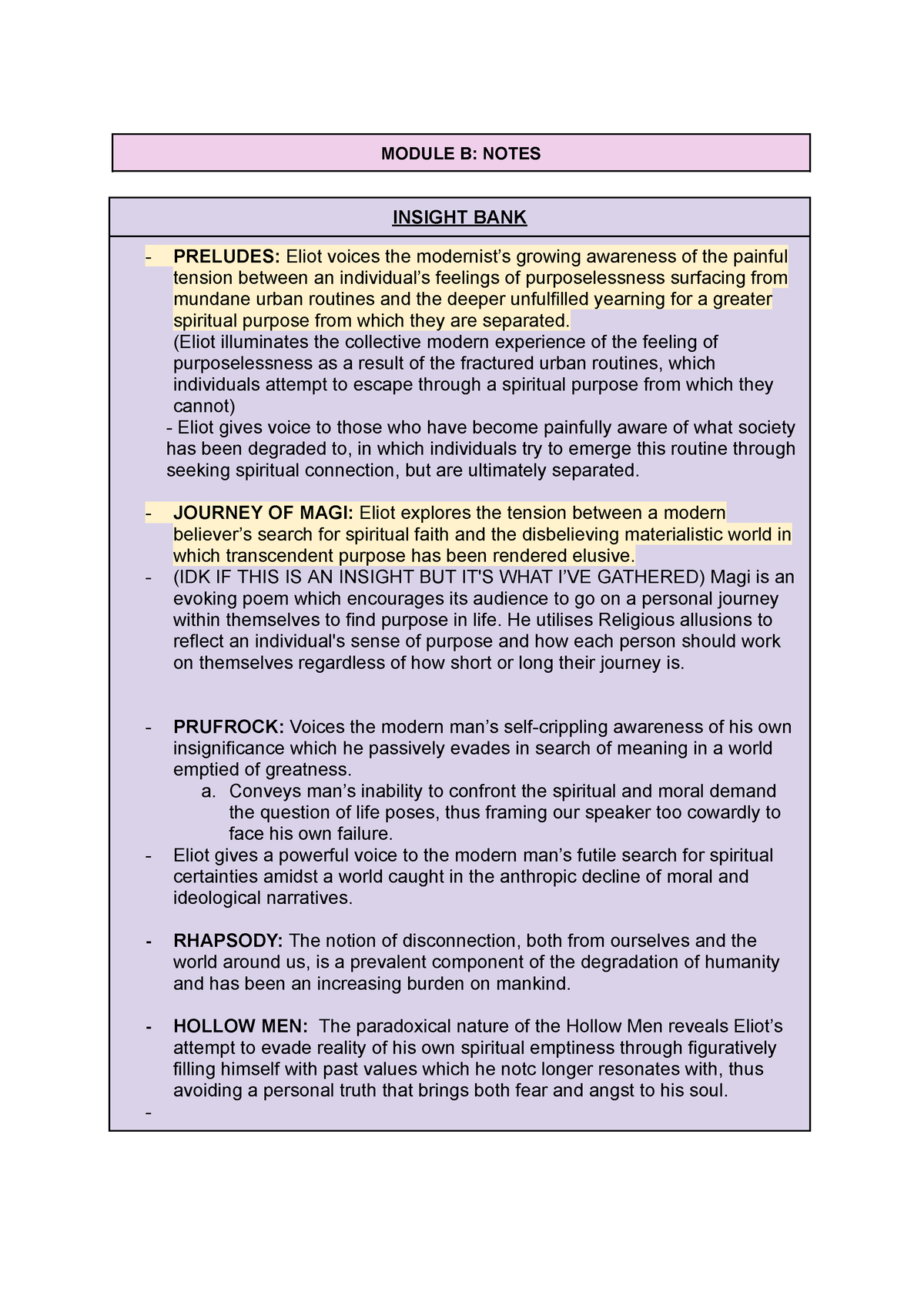 MODULE B: T.S ELLIOT ENGLISH ADVANCED NOTES - MODULE B: NOTES INSIGHT ...