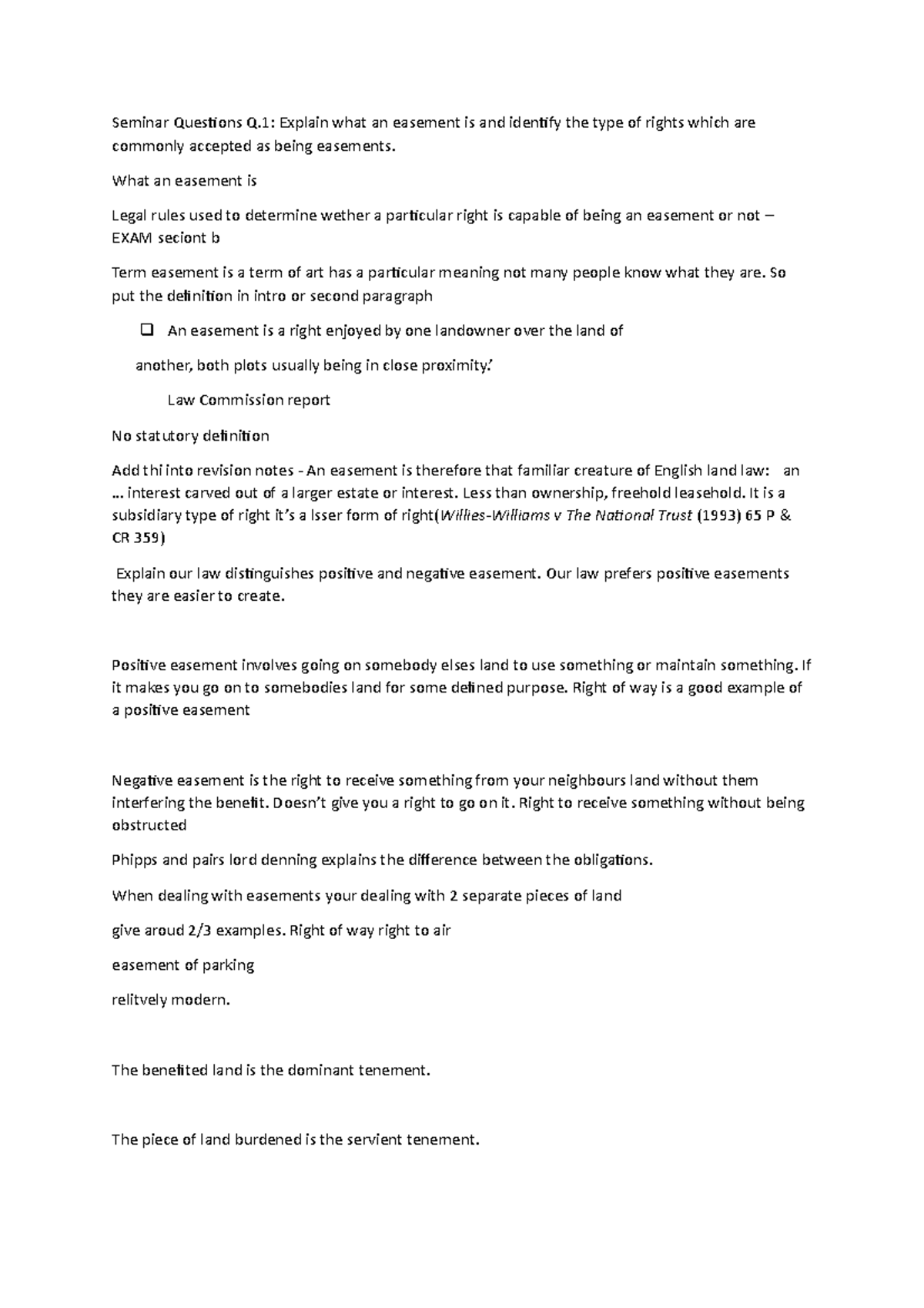 Easement seminar Seminar Questions Q Explain what an easement is and