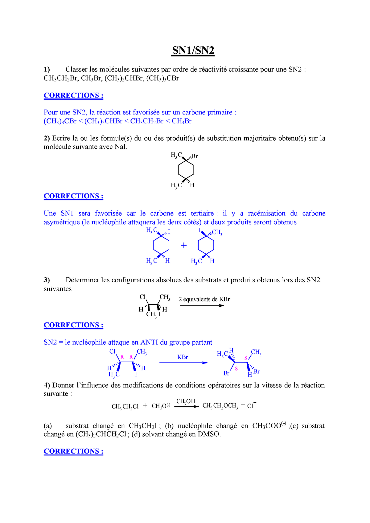 Chimie - SN1:SN2 - TD SN1/SN2 1) Classer Les Molécules Suivantes Par ...