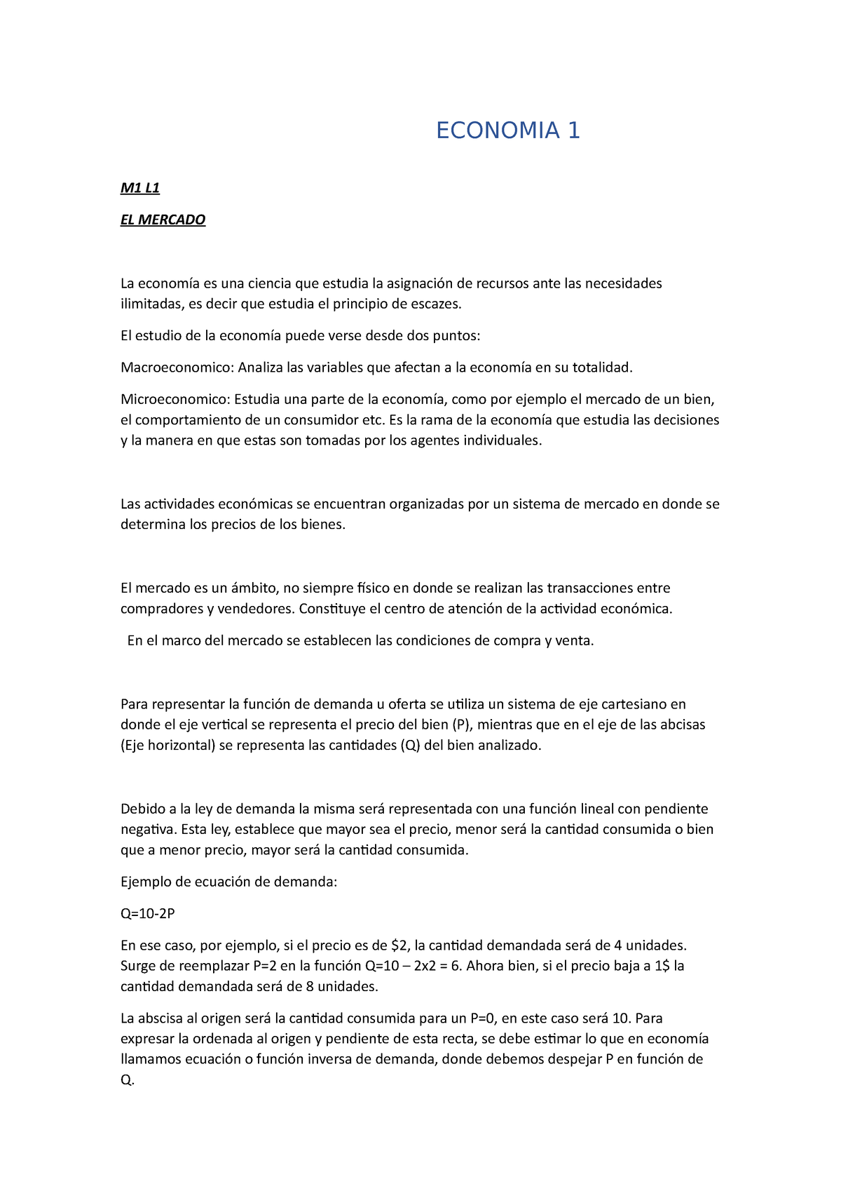 Economia M1 Completo - ECONOMIA 1 M1 L EL MERCADO La Economía Es Una ...