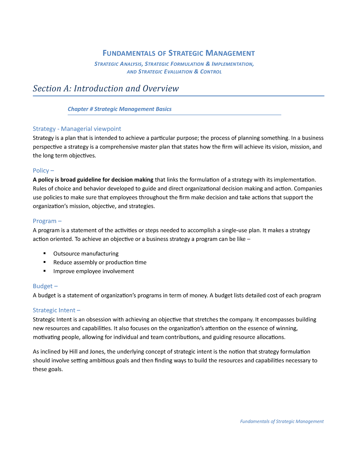 Strategic Management Handout - FUNDAMENTALS OF STRATEGIC MANAGEMENT ...