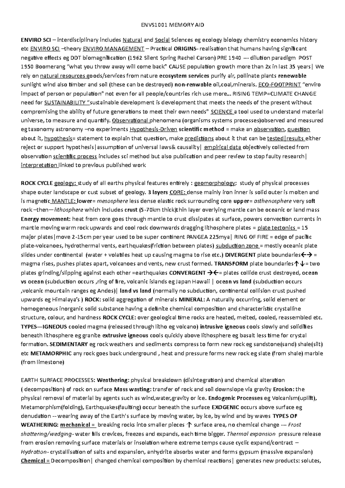 ENVS1001 Memory AID - Review notes for course - ENVS1001 MEMORY AID ...