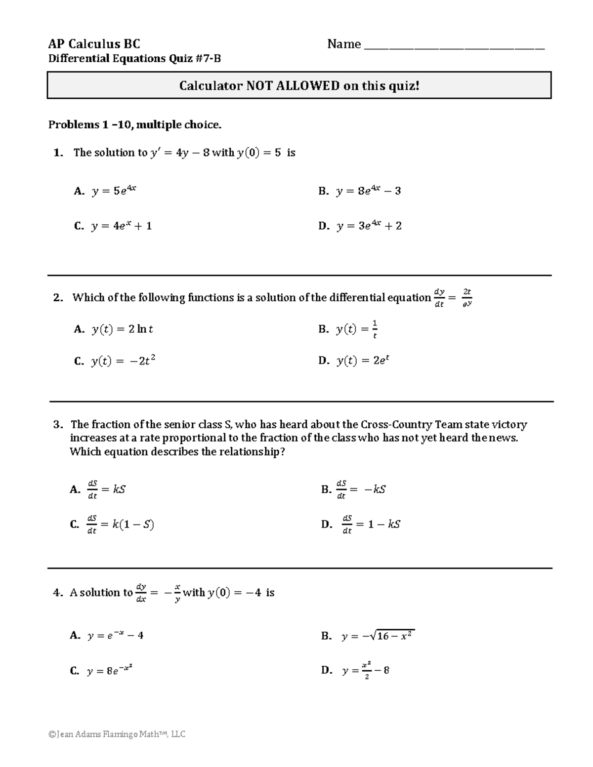 Unit 7 BC AP Quiz 7B - Quiz on basics of differential equations ...