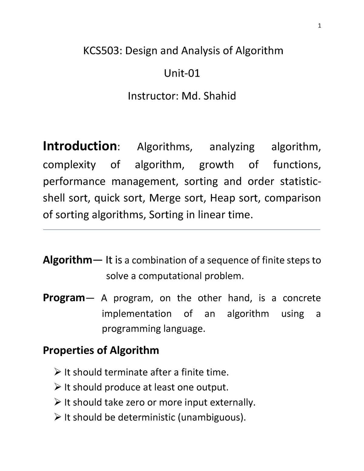 Unit 01 DAA Shahid 230918 222142 - KCS503: Design And Analysis Of ...