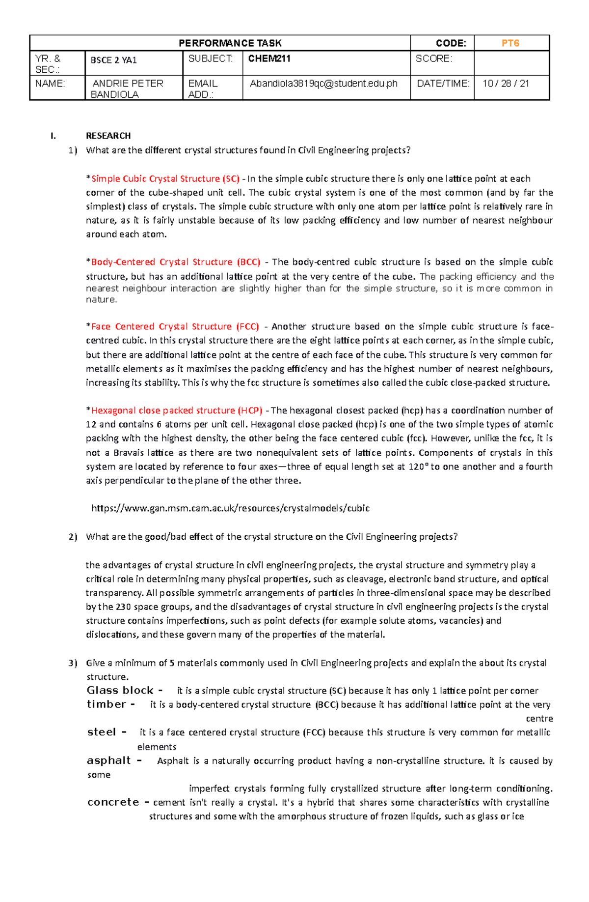 CHEM211 - Performance TASK 6(WEEK 7)fin - PERFORMANCE TASK CODE: PT YR ...