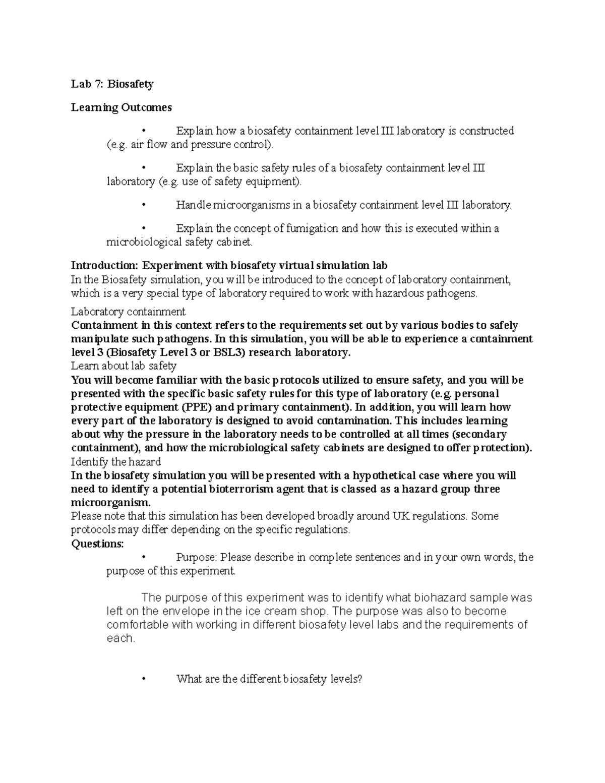 OL Biosafety-1 Submit THIS ONE - Lab 7: Biosafety Learning Outcomes ...