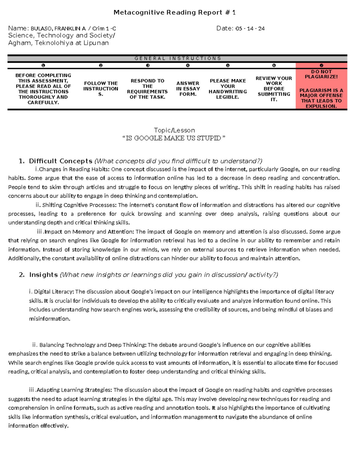 Is Google make stupid - EDUCATIONAL - Metacognitive Reading Report # 1 ...