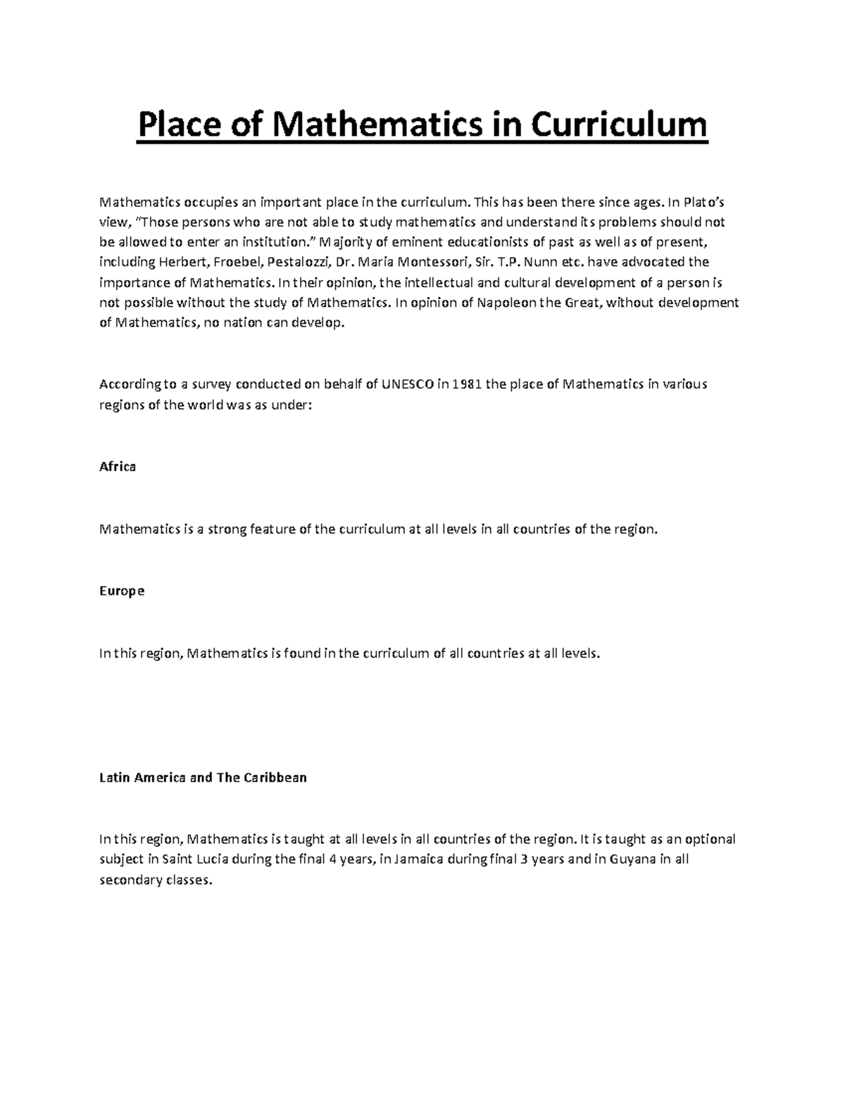 Place of Mathematics in Curriculum Place of Mathematics in Curriculum
