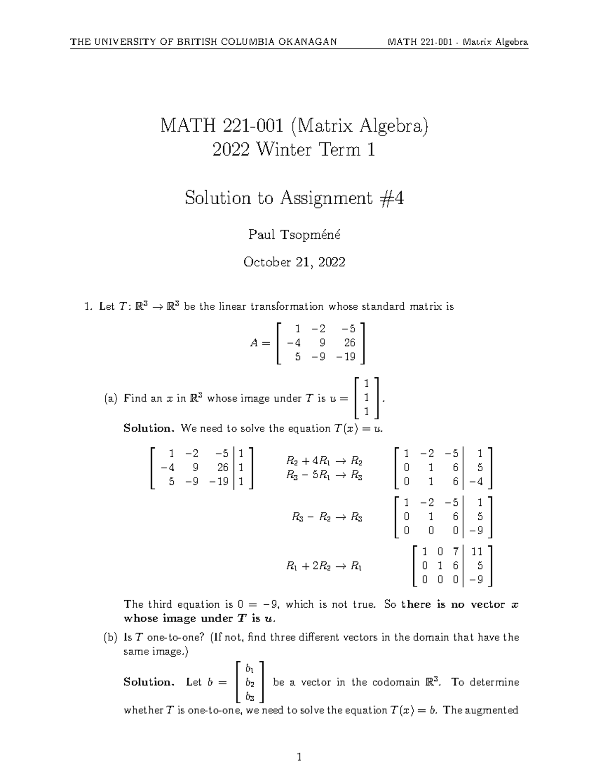 Solution 221 Assignment #4 W2022-T1 - MATH 221-001 (Matrix Algebra ...