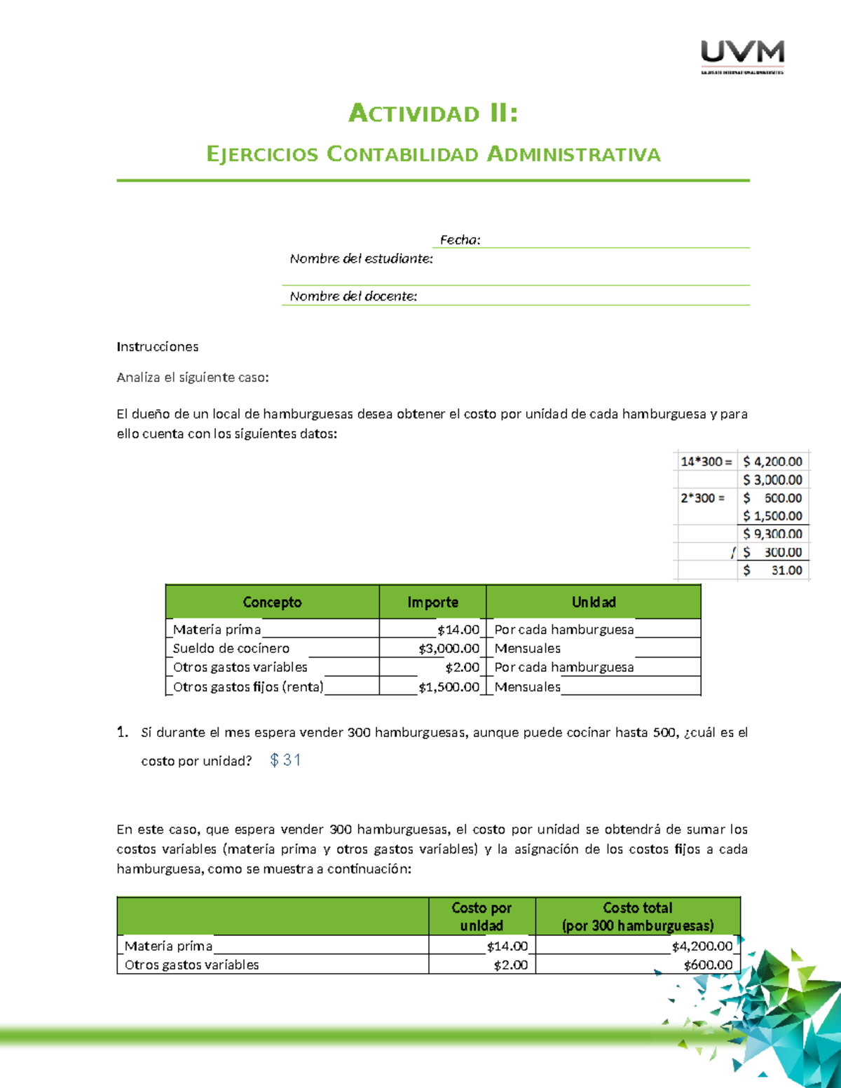 Act 2 Contabilidad Administrativa Actividad Ii Ejercicios