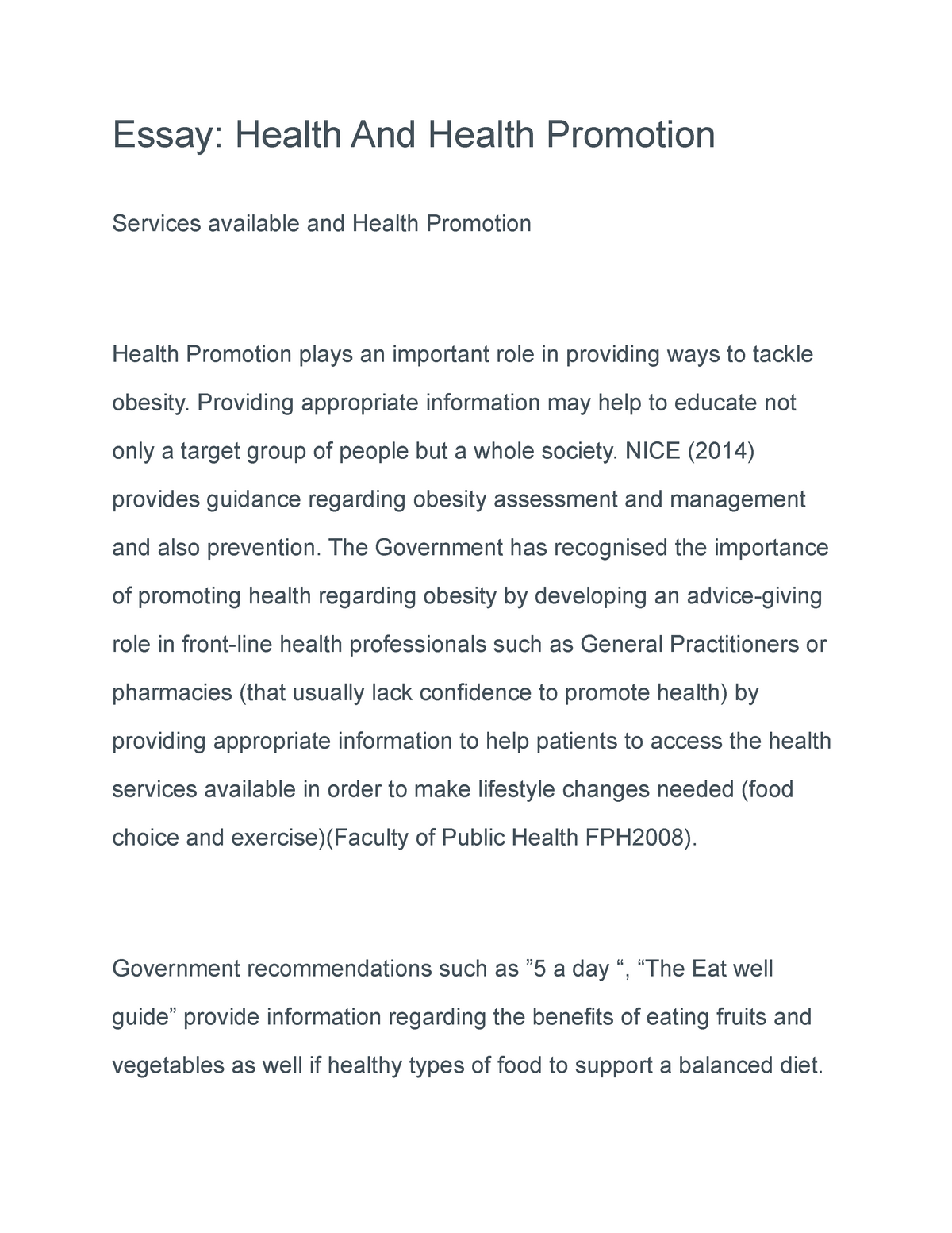 Essay Health And Health Promotion Essay Health And Health