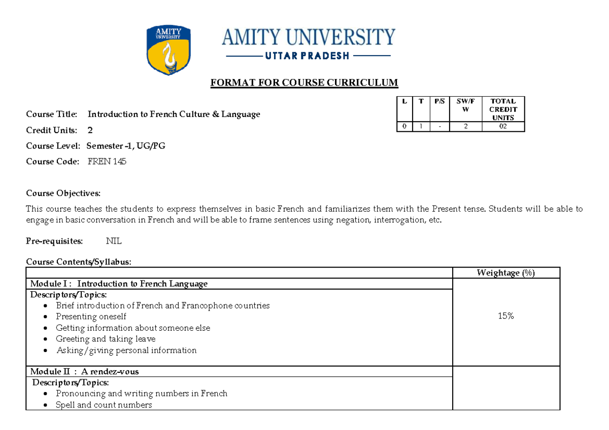 French - Syllabus - FORMAT FOR COURSE CURRICULUM Course Title ...