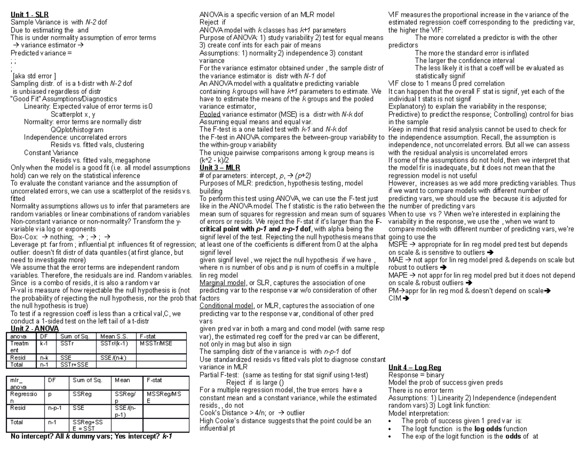 Final Exam Info Sheet - Unit 1 - SLR Sample Variance is with N-2 dof ...