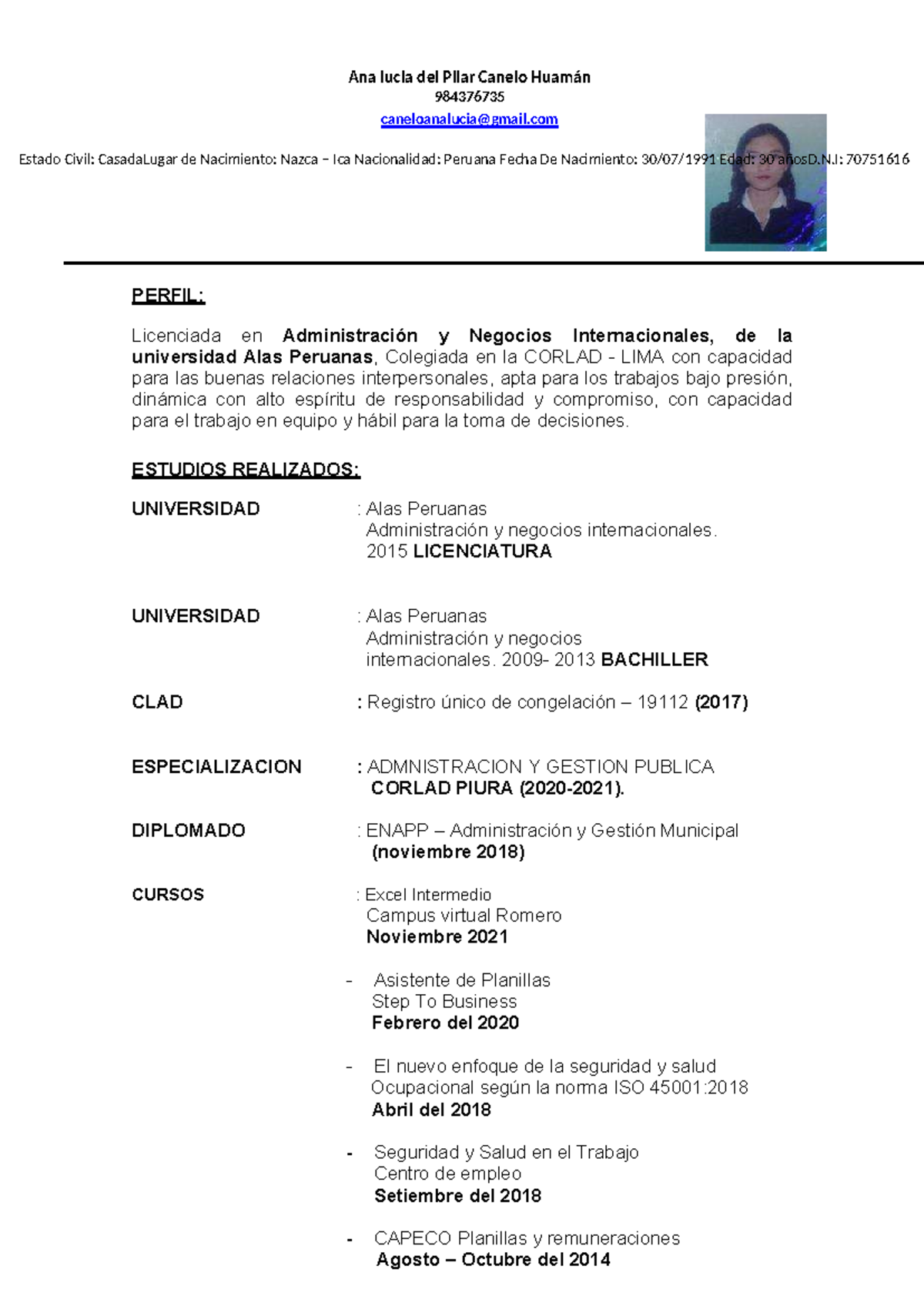 Curriculum Vitae PERFIL Licenciada En Administraci n Y Negocios 