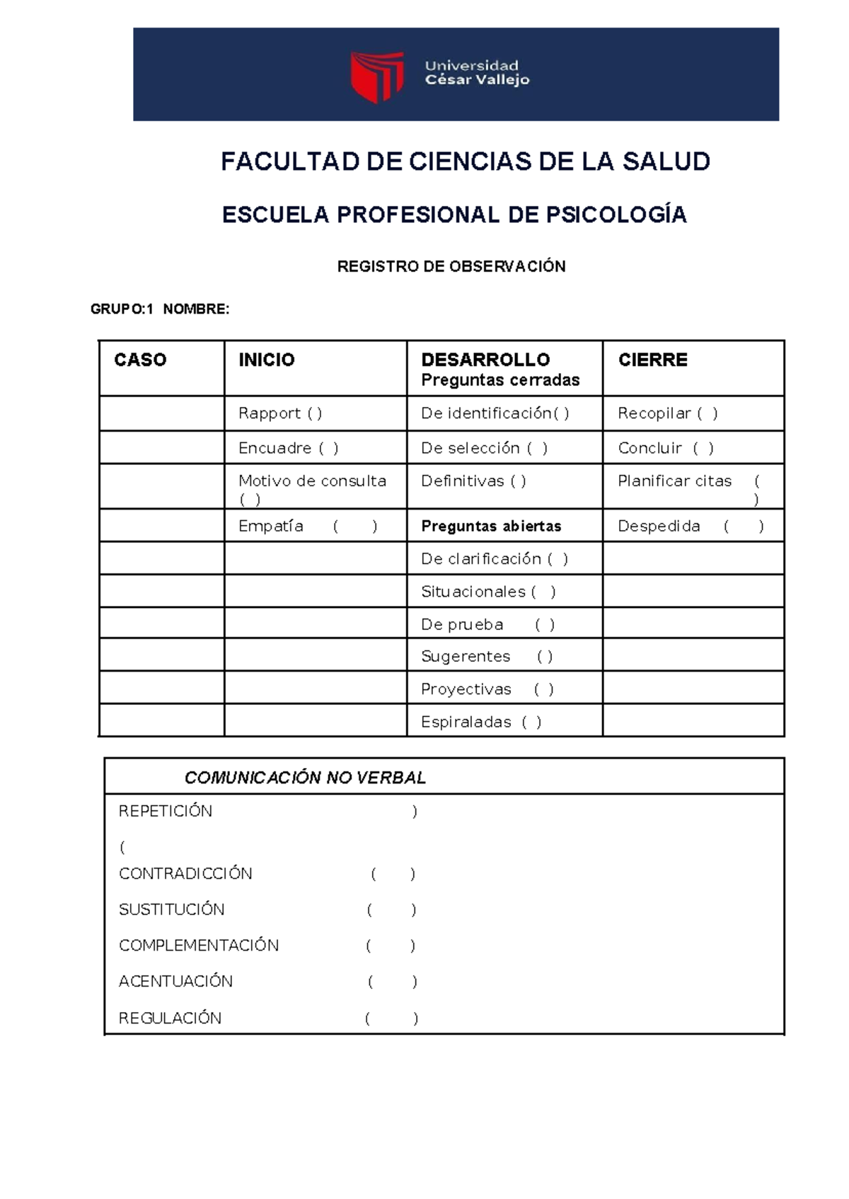 Registro DE Observación - FACULTAD DE CIENCIAS DE LA SALUD ESCUELA