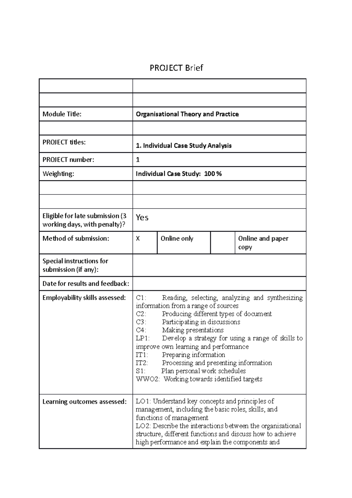 OTP - PROJECT Brief Module Title: Organisational Theory and Practice ...