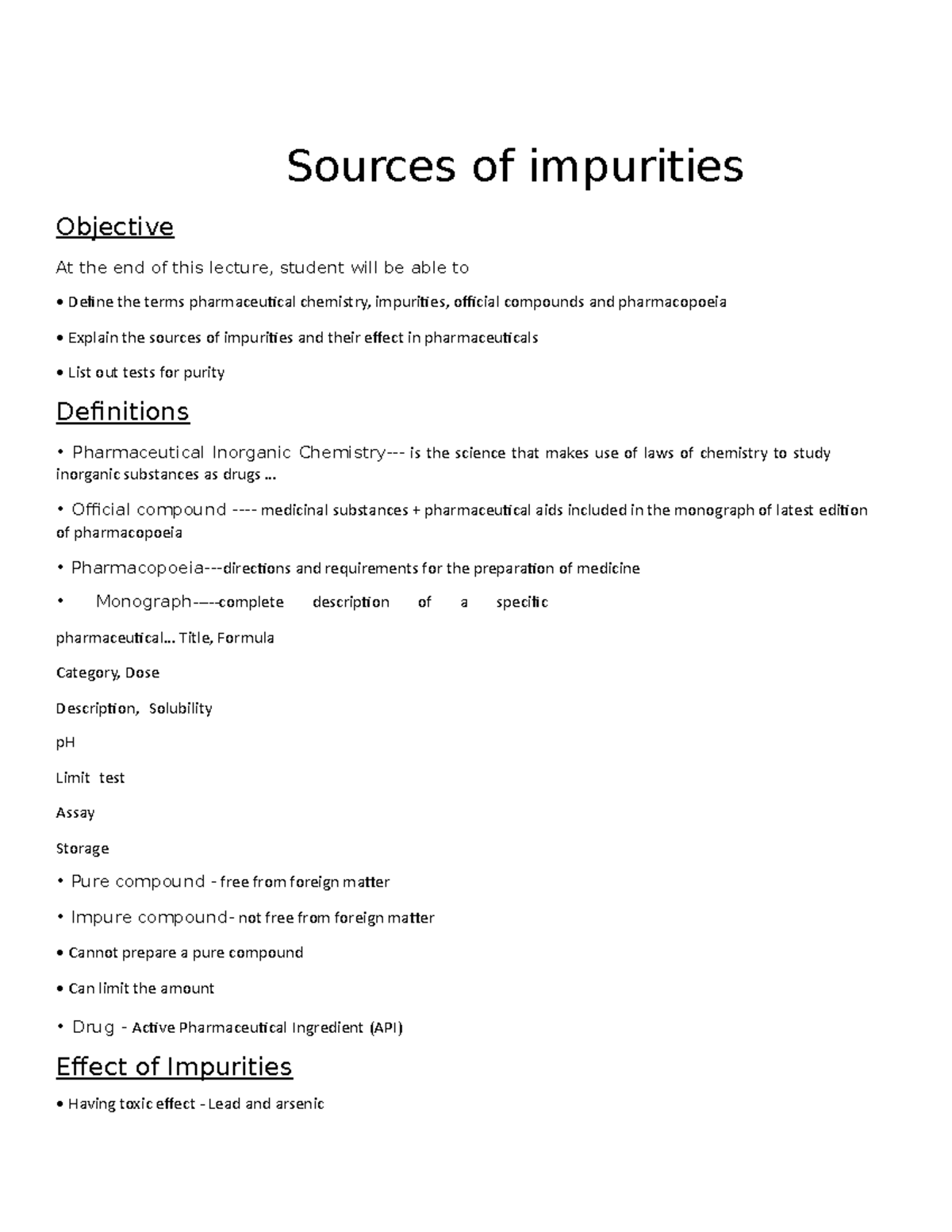 Chapter 17 Sources of impurities Sources of impurities Objective At