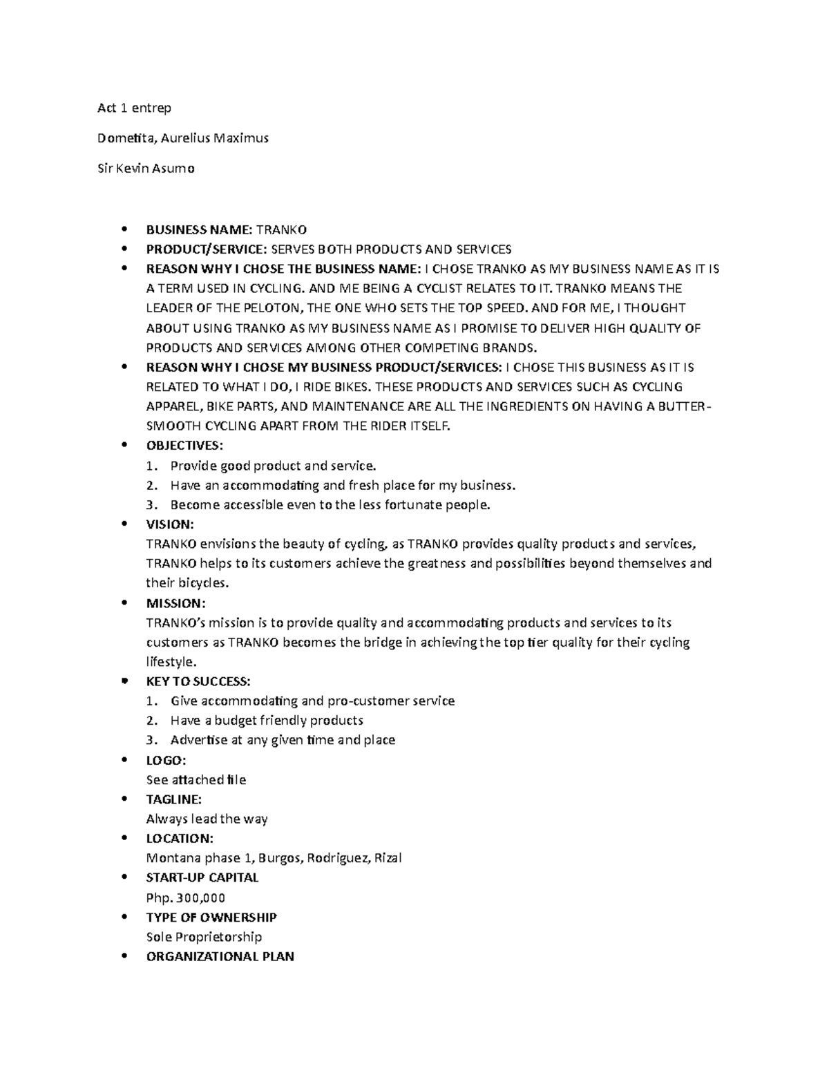 Act 1 Entrep - Activities That Are Complied In Order To Pass. - Act 1 