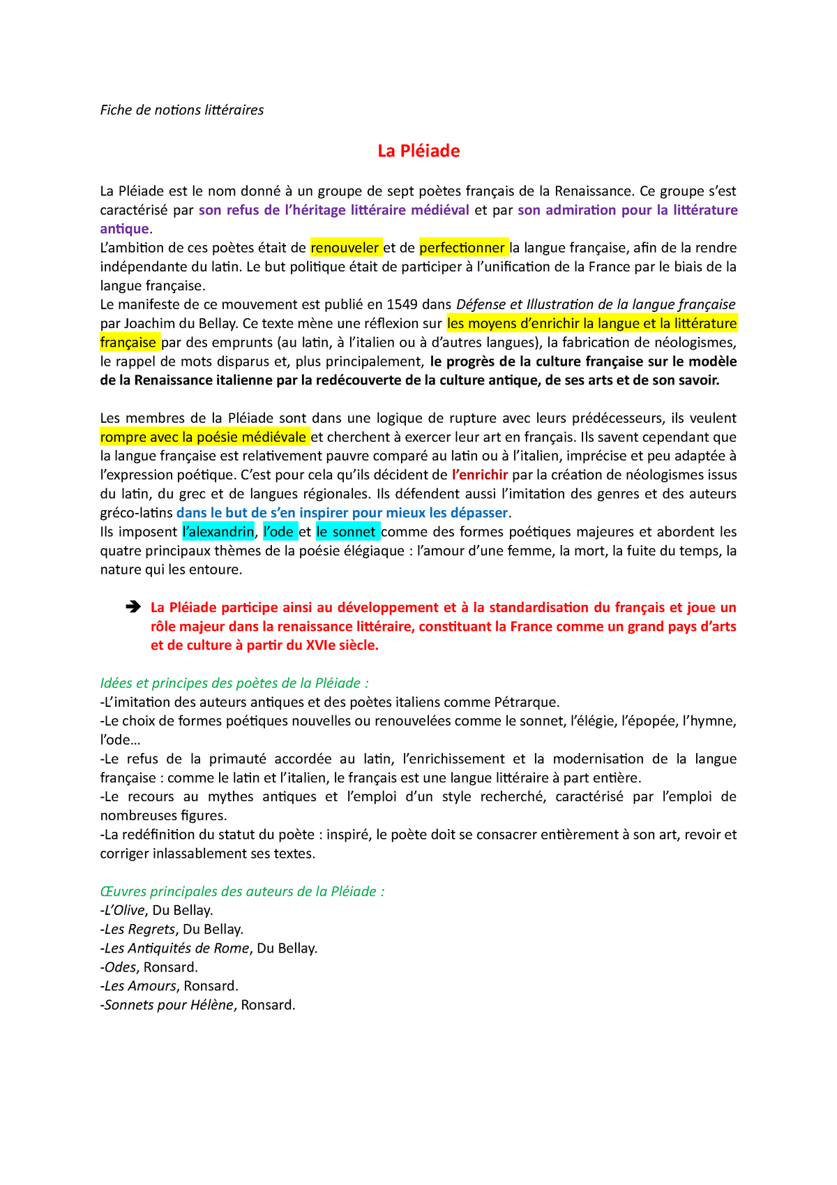 Fiche condensée littéraire sur la pléiade - Fiche de notions ...