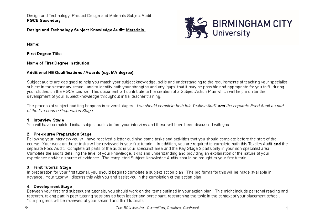 U17 DT Materials Subject Audit dfg[k[oskfs[ofks © PGCE Secondary