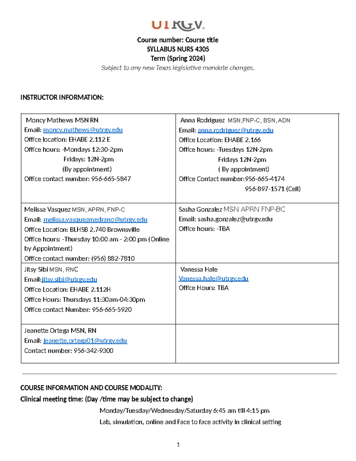 Syllabus 4305 Spring 2024 Course number Course title SYLLABUS NURS