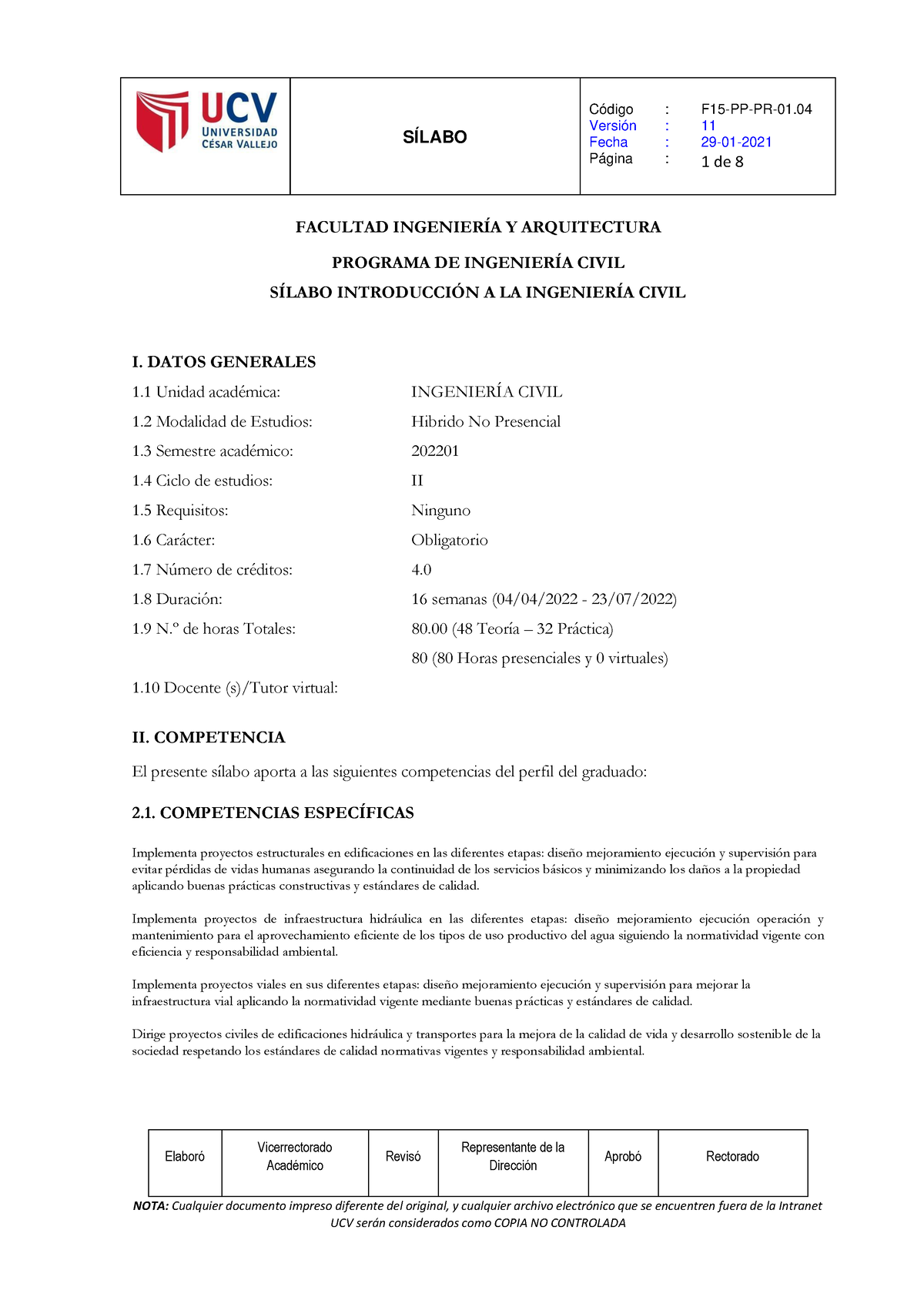 SÍlabo De Introducción A LA Ingeniería Civil (1)a - SÍLABO Versión : 11 ...