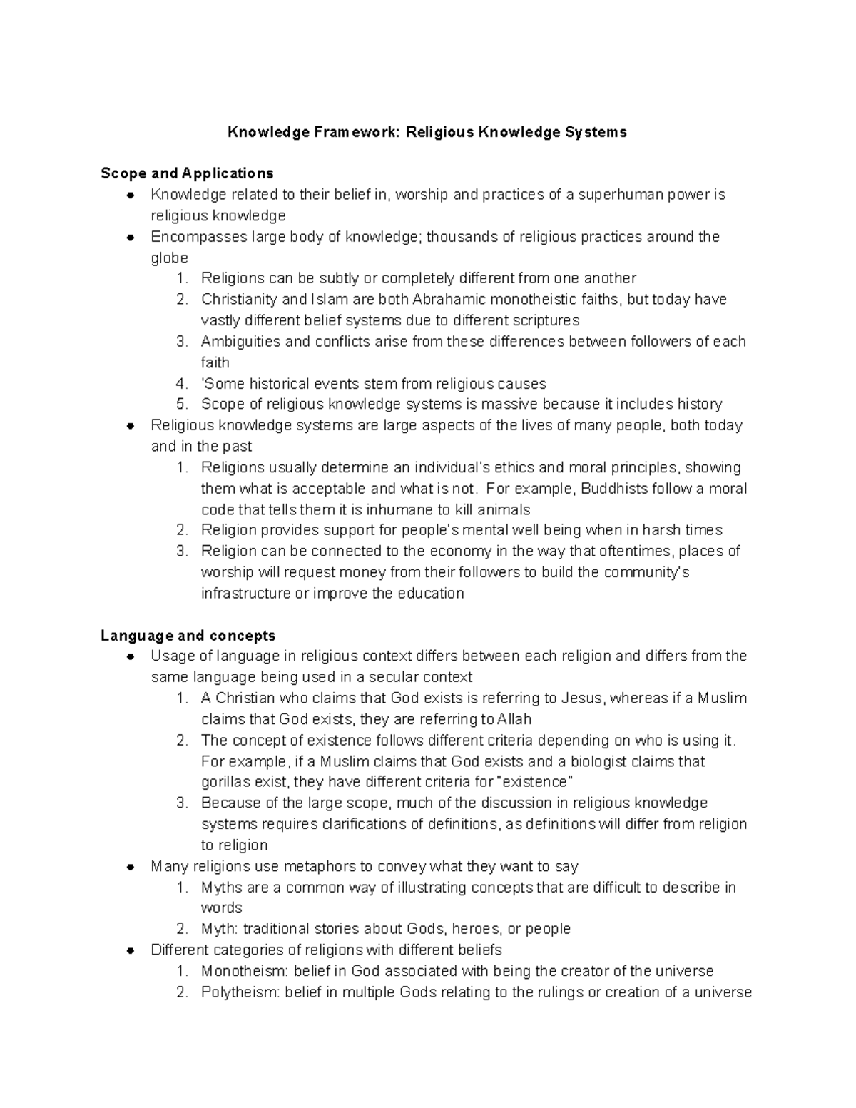 History knowledge framework Knowledge Framework Religious Knowledge