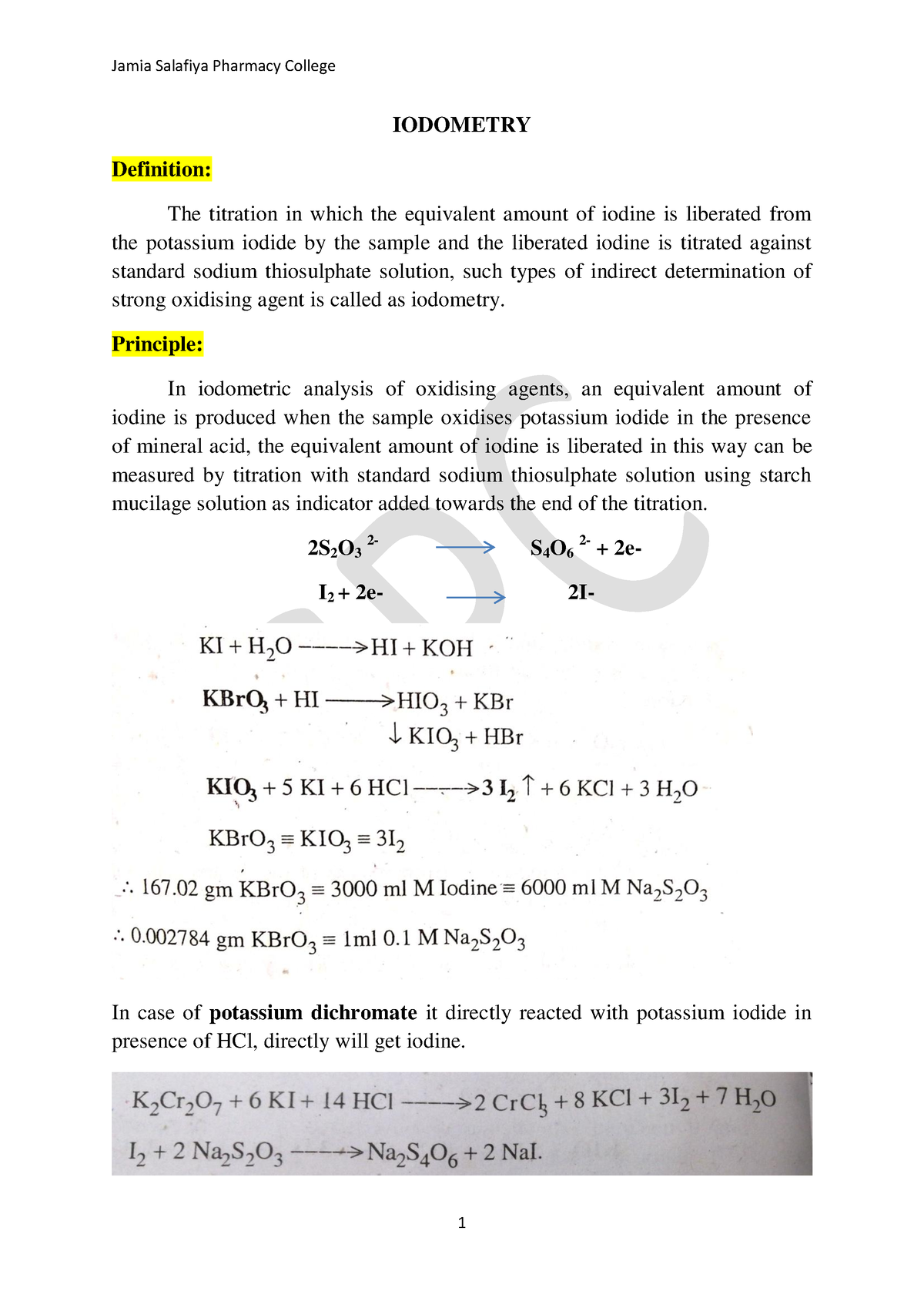 Iodometry Notes - Titration Method -redox Method - Iodometry Definition 