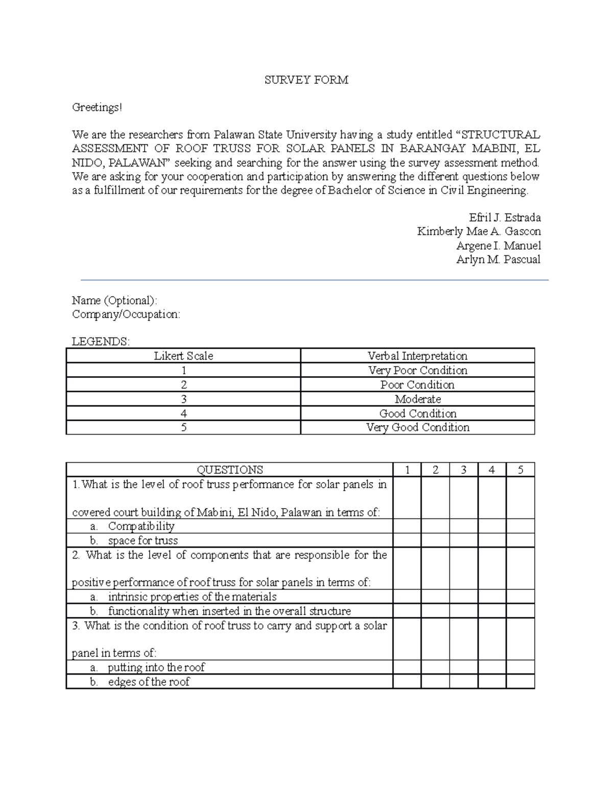 Questiiiooon - research proposal - SURVEY FORM Greetings! We are the ...
