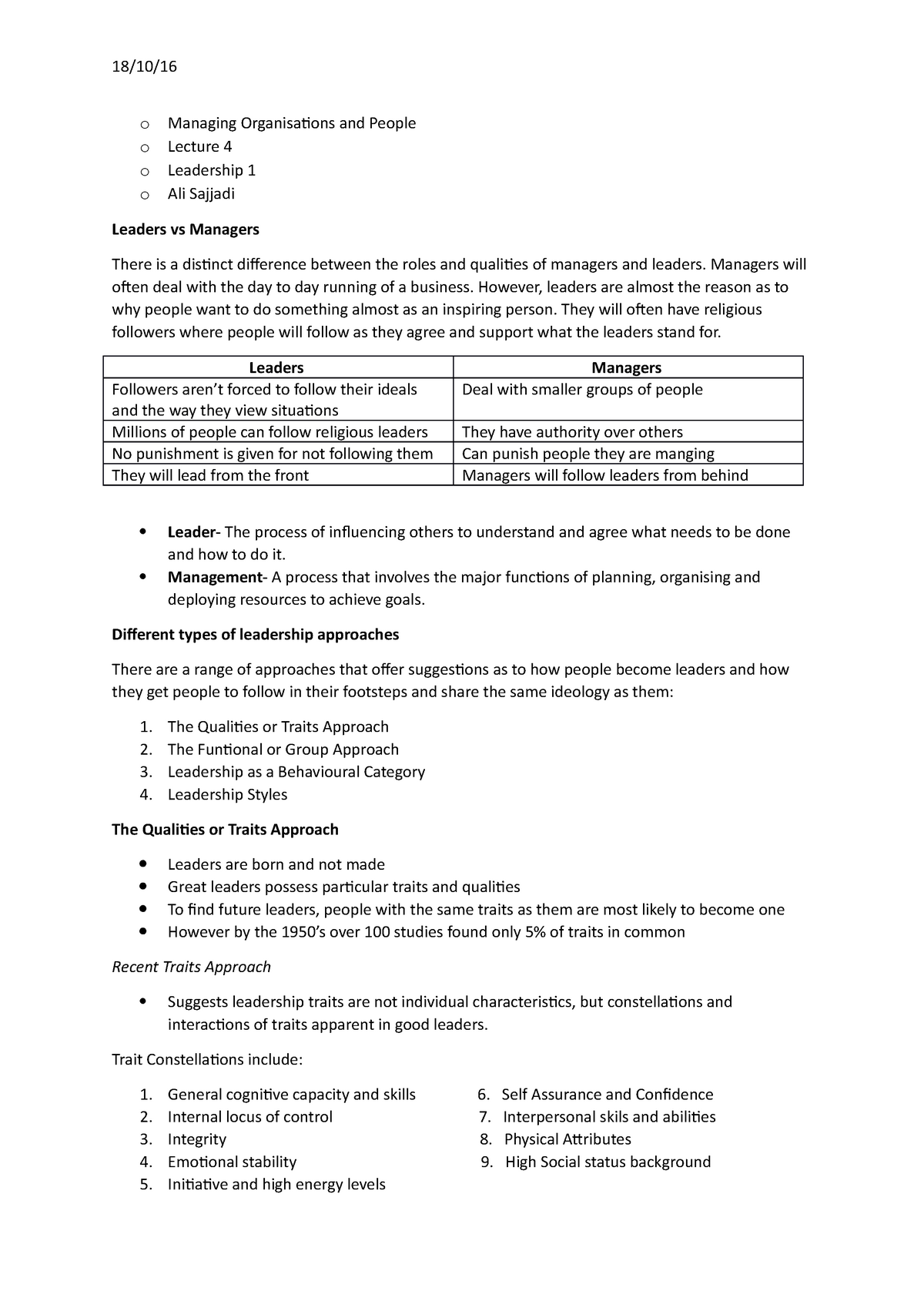 Leadership 1 - N/A - 18/10/ o Managing Organisations and People o ...