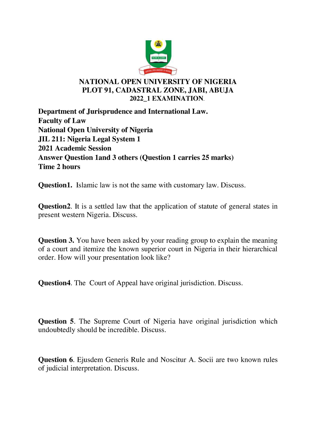 JIL211-2022-1 - NATIONAL OPEN UNIVERSITY OF NIGERIA PLOT 91, CADASTRAL ...